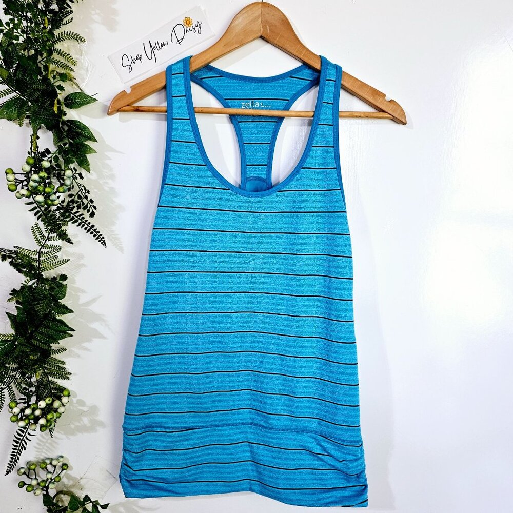 Zella Womens Blue Striped Racerback Tank Top‎ Ruched Sides S ~TT82.6